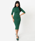 Pencil-Skirt Back Vent Gathered Back Zipper Vintage Knit Elbow Length Sleeves Cowl Neck High-Neck Dress