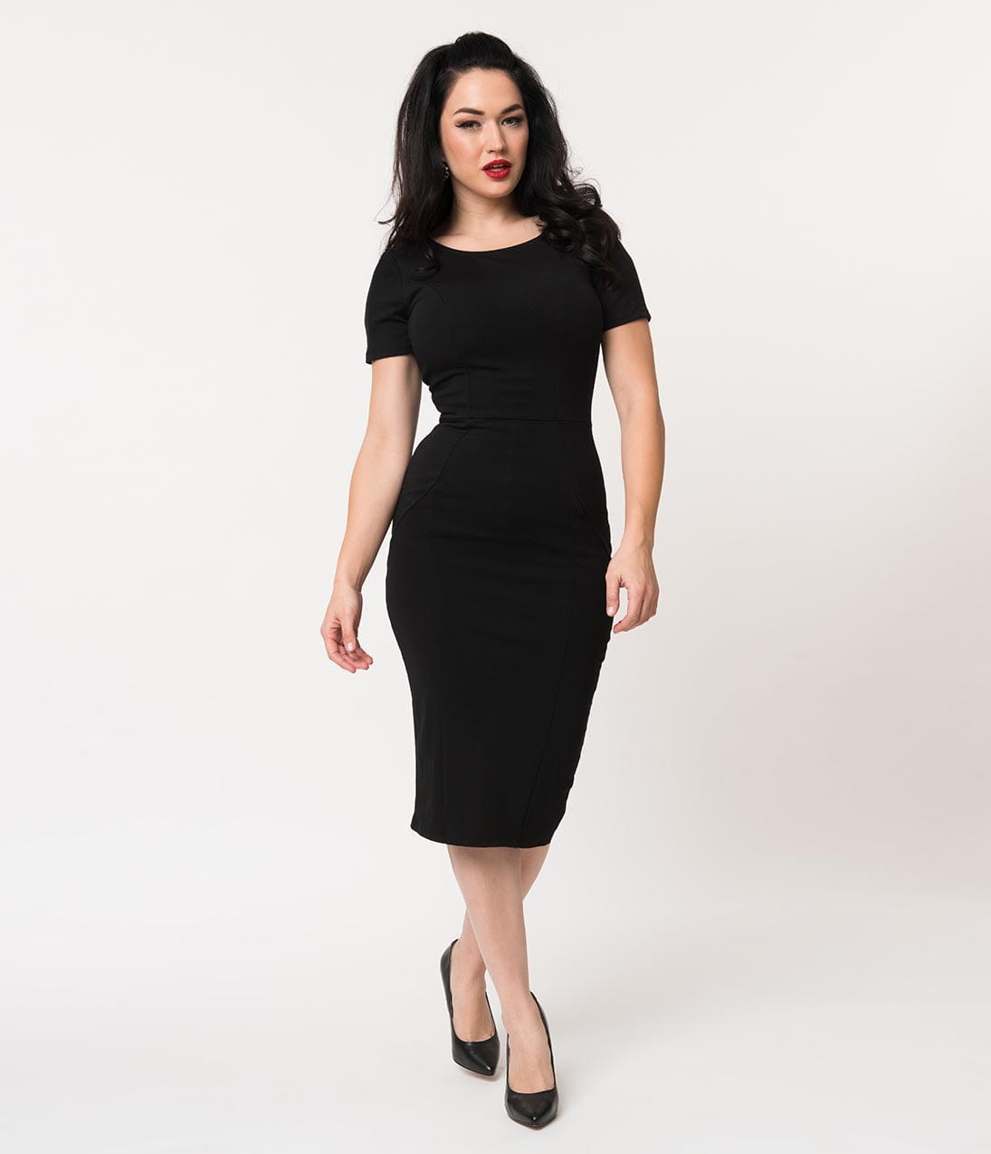 

Unique Vintage 1960S Style Black Short Sleeve Stretch Mod Wiggle Dress