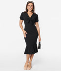 Sexy V-neck Knit Short Sleeves Sleeves Peplum Back Zipper Darts Elasticized Waistline Pencil-Skirt Dress With a Bow(s)