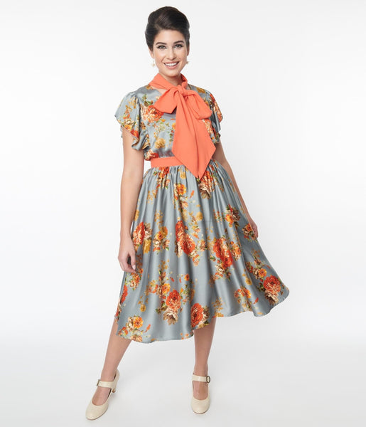 Collared Swing-Skirt Floral Print Satin Self Tie Short Sleeves Sleeves Dress