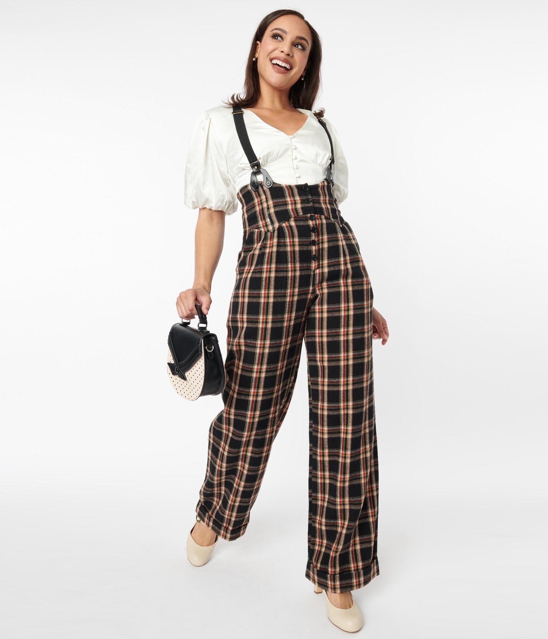 

Unique Vintage 1930S Black & Auburn Plaid Thelma Suspender Pants