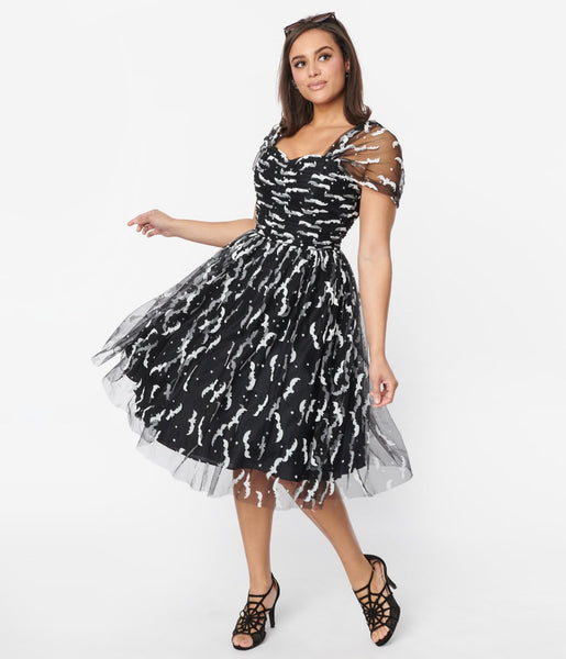 Tulle Mesh Back Zipper Fitted Vintage Swing-Skirt Dress