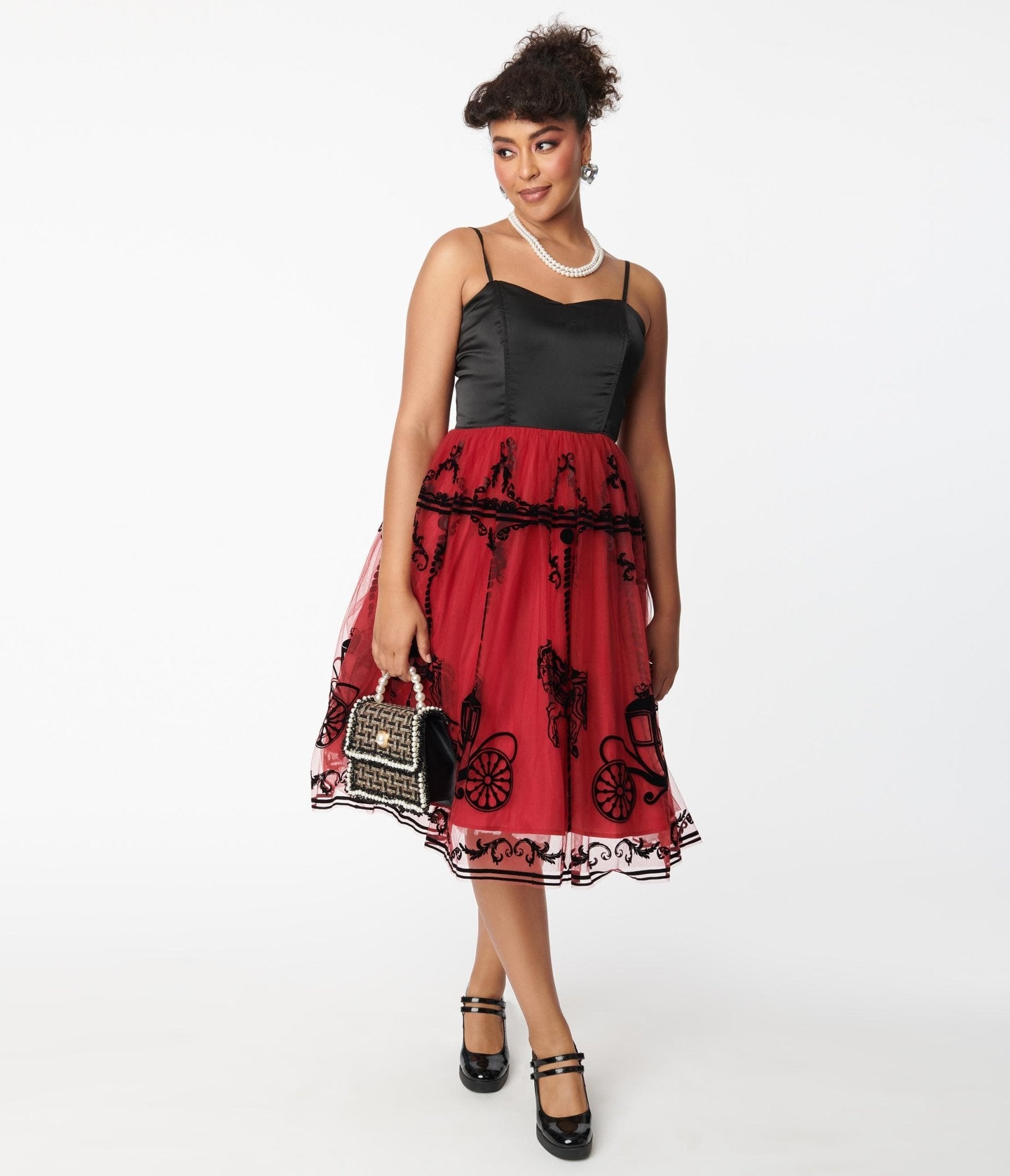 

Unique Vintage Black & Burgundy Carousel Bertie Swing Dress