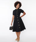 Short Sleeves Sleeves Swing-Skirt Stretchy Button Front Asymmetric Fitted Pocketed Dress