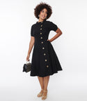 Fitted Stretchy Pocketed Asymmetric Button Front Swing-Skirt Short Sleeves Sleeves Dress