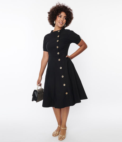 Swing-Skirt Button Front Fitted Stretchy Asymmetric Pocketed Short Sleeves Sleeves Dress
