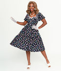 Swing-Skirt Puff Sleeves Sleeves Button Front Short Dress With a Bow(s)