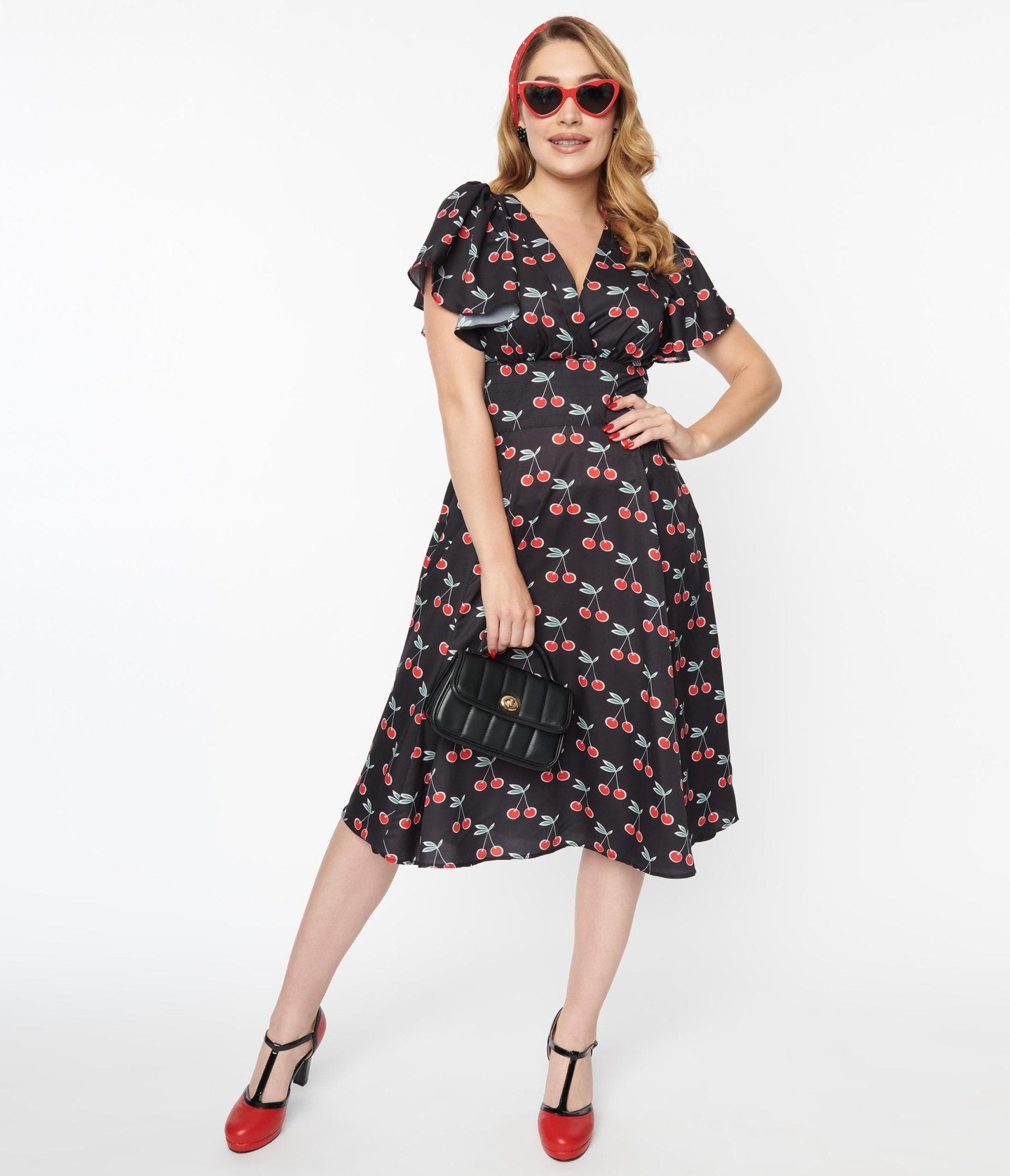 

Unique Vintage 1940S Black & Cherry Print Swing Dress