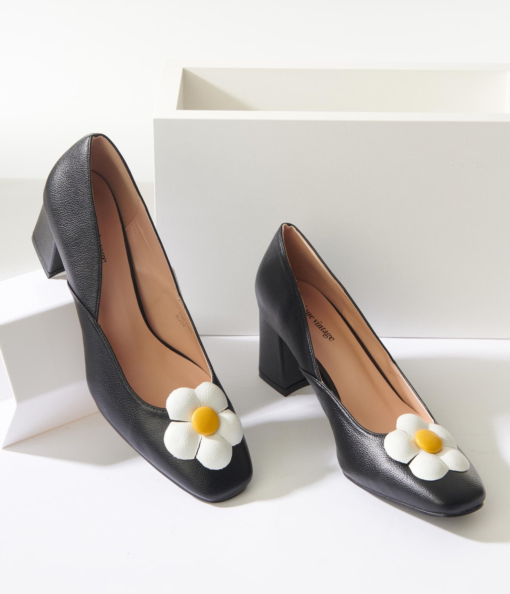 Retro Shoes – Women’s Heels, Flats & Sneakers Unique Vintage Black Daisy Pumps $68.00 AT vintagedancer.com