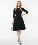 Bateau Neck 3/4 Sleeves Swing-Skirt Fitted Back Zipper Pocketed Belted Dress