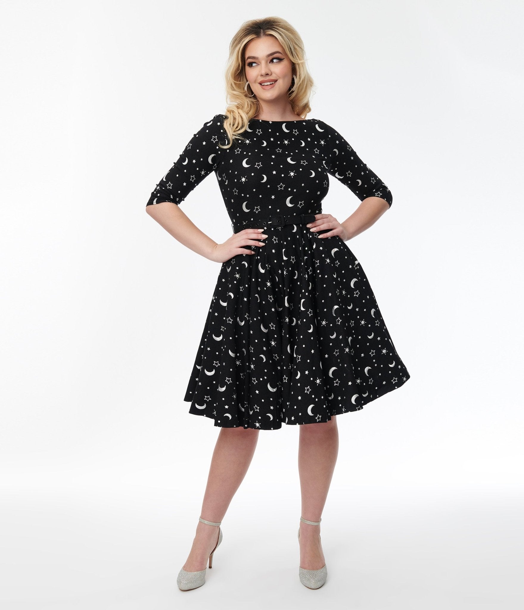 

Unique Vintage Black & Foil Moons & Stars Devon Swing Dress