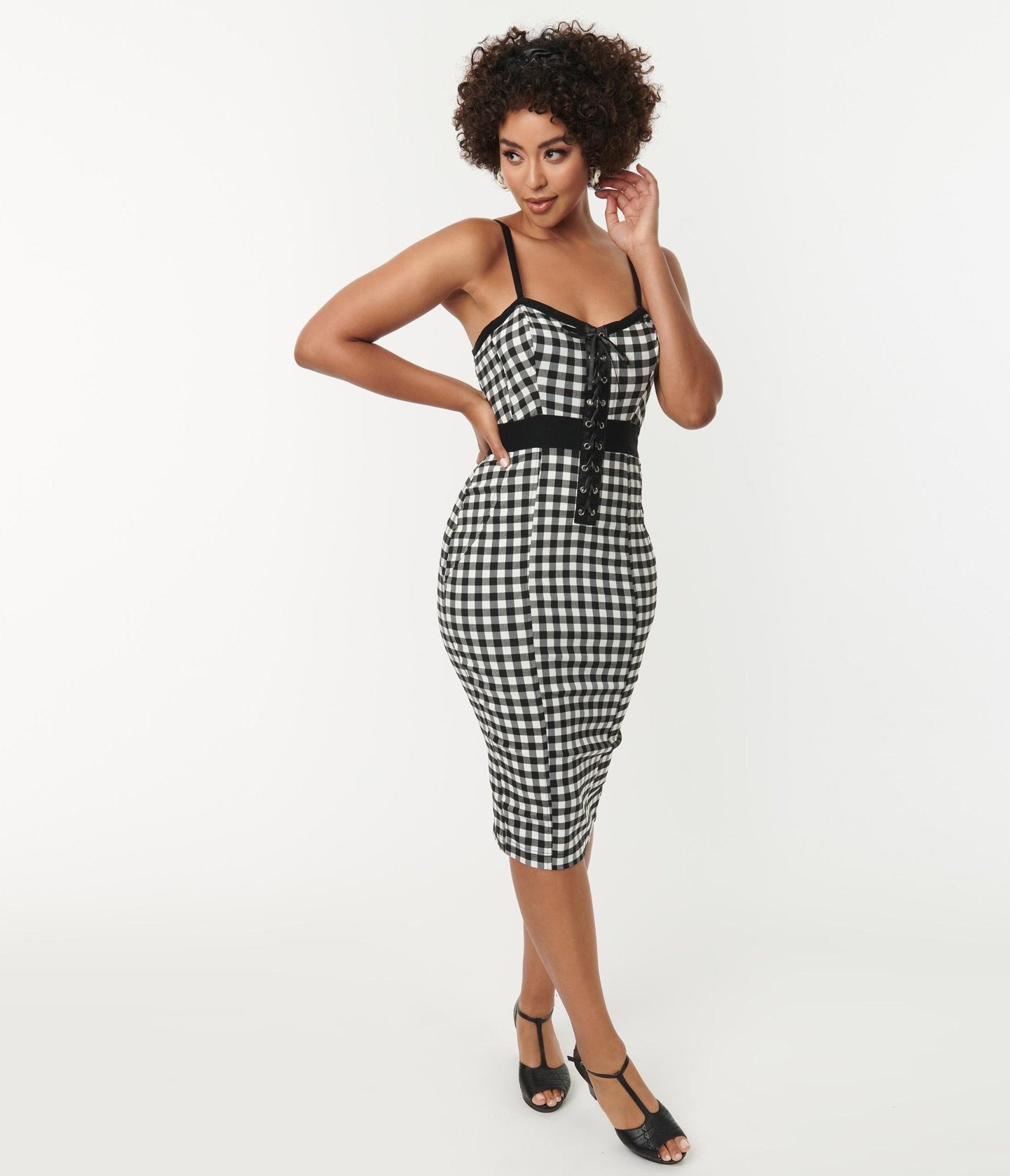 

Unique Vintage Black Gingham Corset Ellison Wiggle Dress