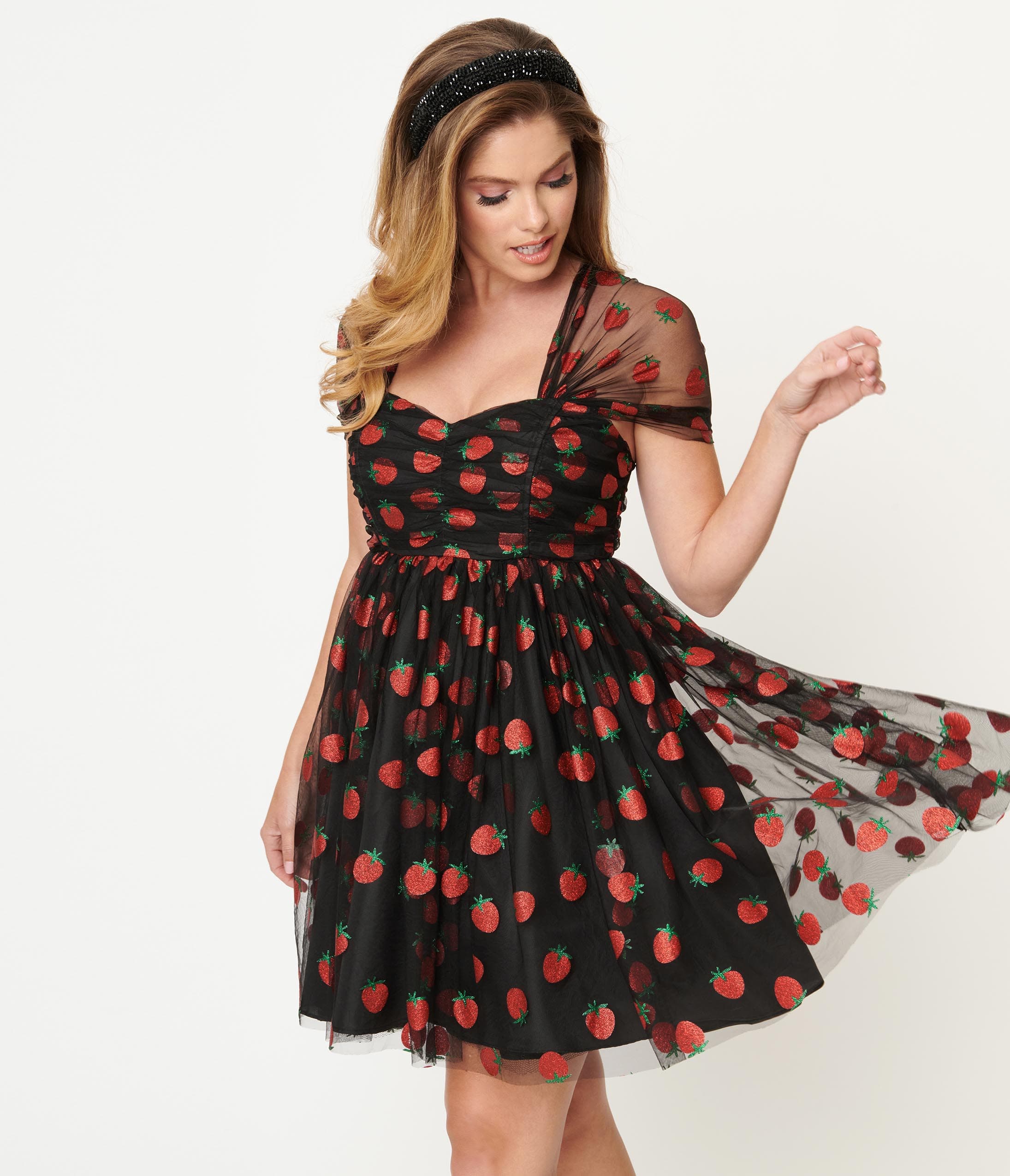 

Unique Vintage Black & Glitter Strawberry Print Heart & Soul Babydoll Dress