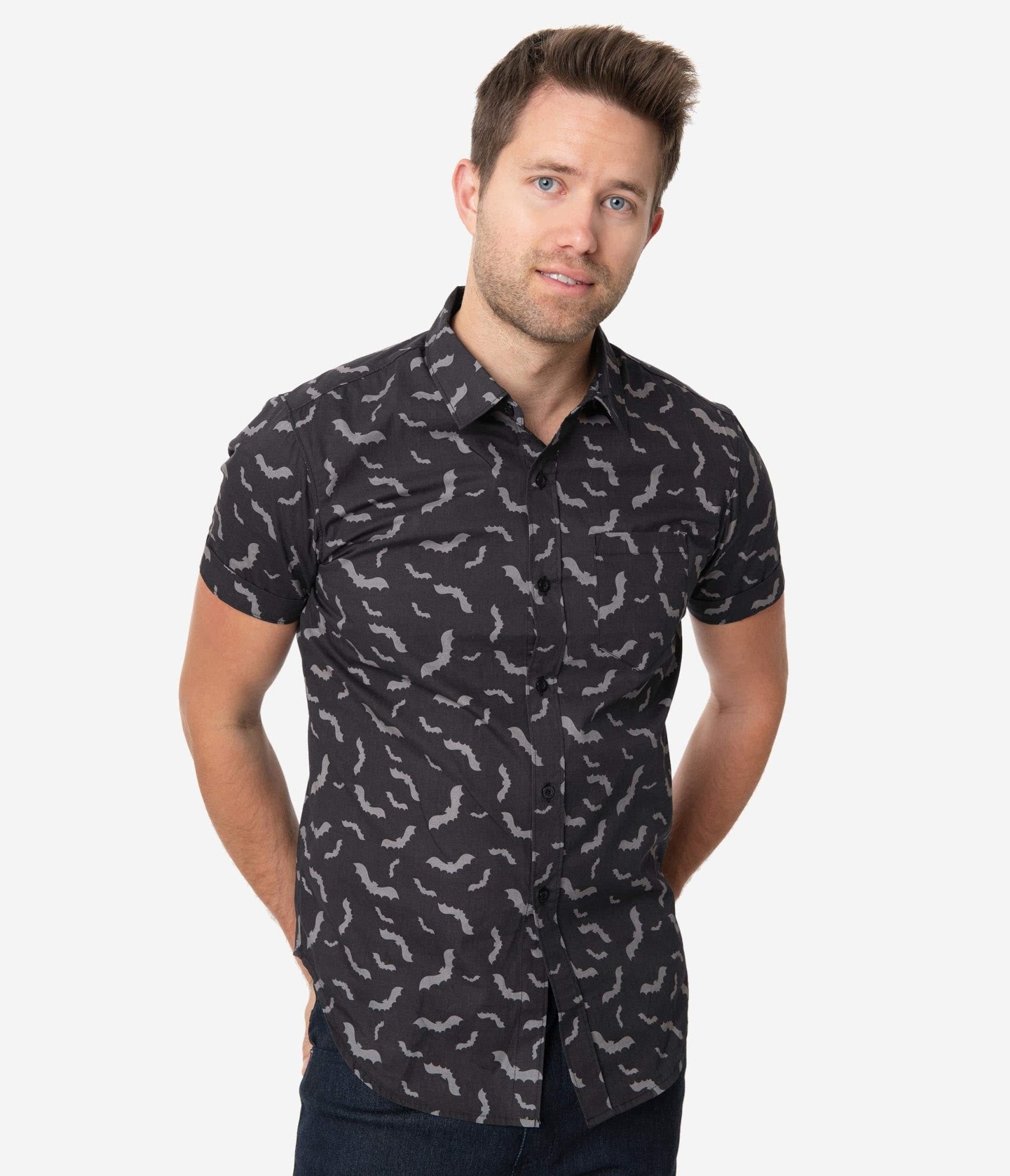 

Unique Vintage Black & Grey Bat Print Mens Shirt