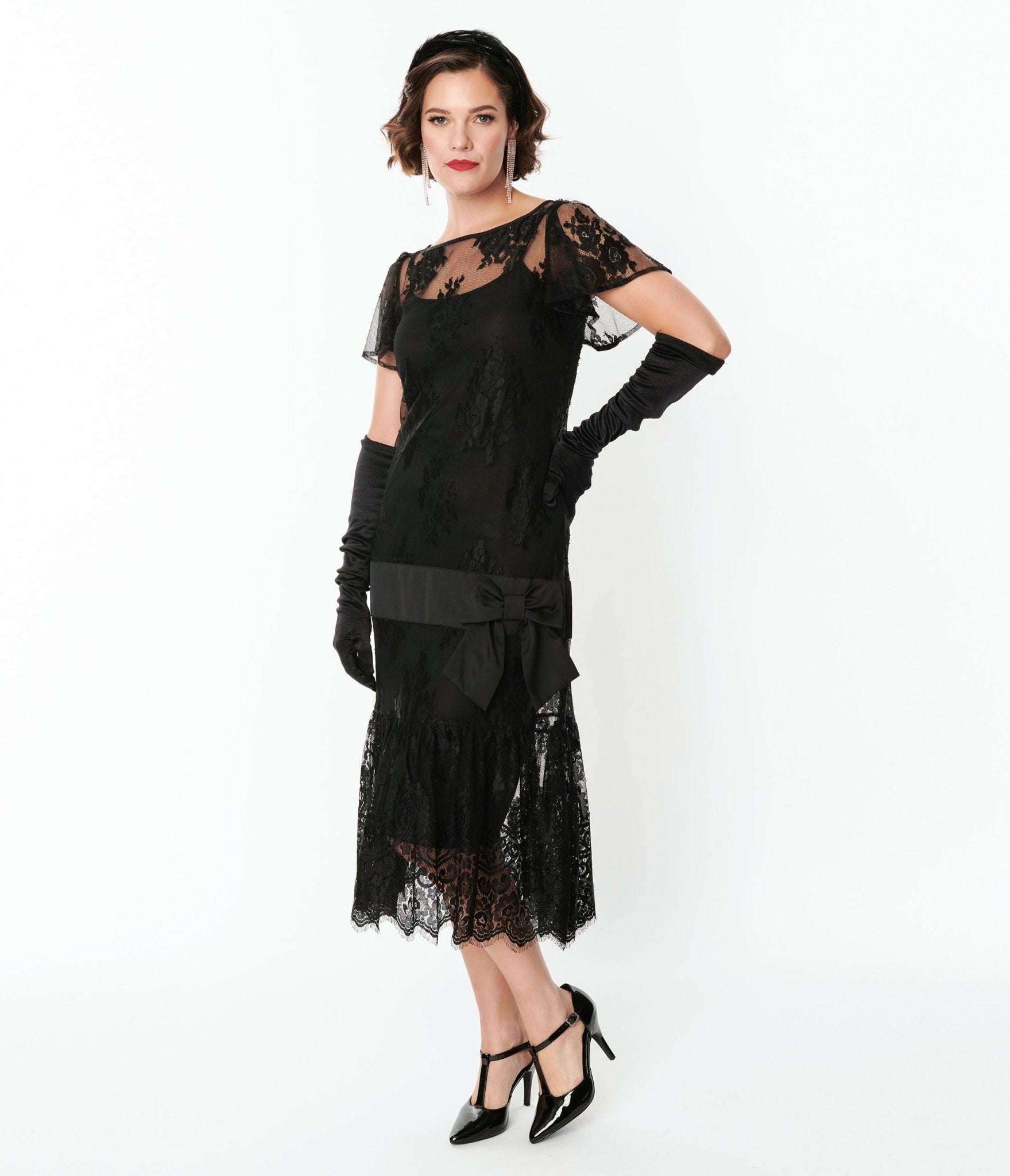 20s Dresses | 1920s Dresses for Sale Unique Vintage Black Lace  Bow Flapper Dress $78.00 AT vintagedancer.com