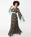 Empire Waistline Back Zipper Fitted General Print 3/4 Sleeves Chiffon Maxi Dress With Ruffles