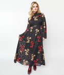 Floral Print Elasticized Waistline Bell Sleeves Vintage Button Closure Fitted Collared Maxi Dress