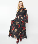 Vintage Button Closure Fitted Bell Sleeves Elasticized Waistline Floral Print Collared Maxi Dress