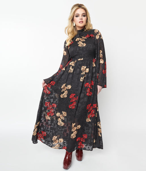 Bell Sleeves Elasticized Waistline Vintage Fitted Button Closure Collared Floral Print Maxi Dress