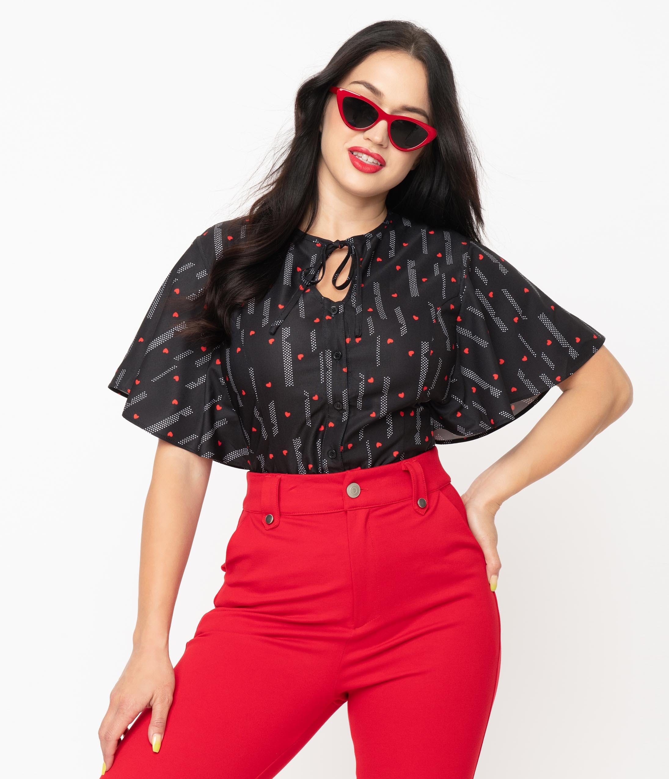 

Unique Vintage Black & Red Heart Cecilia Blouse