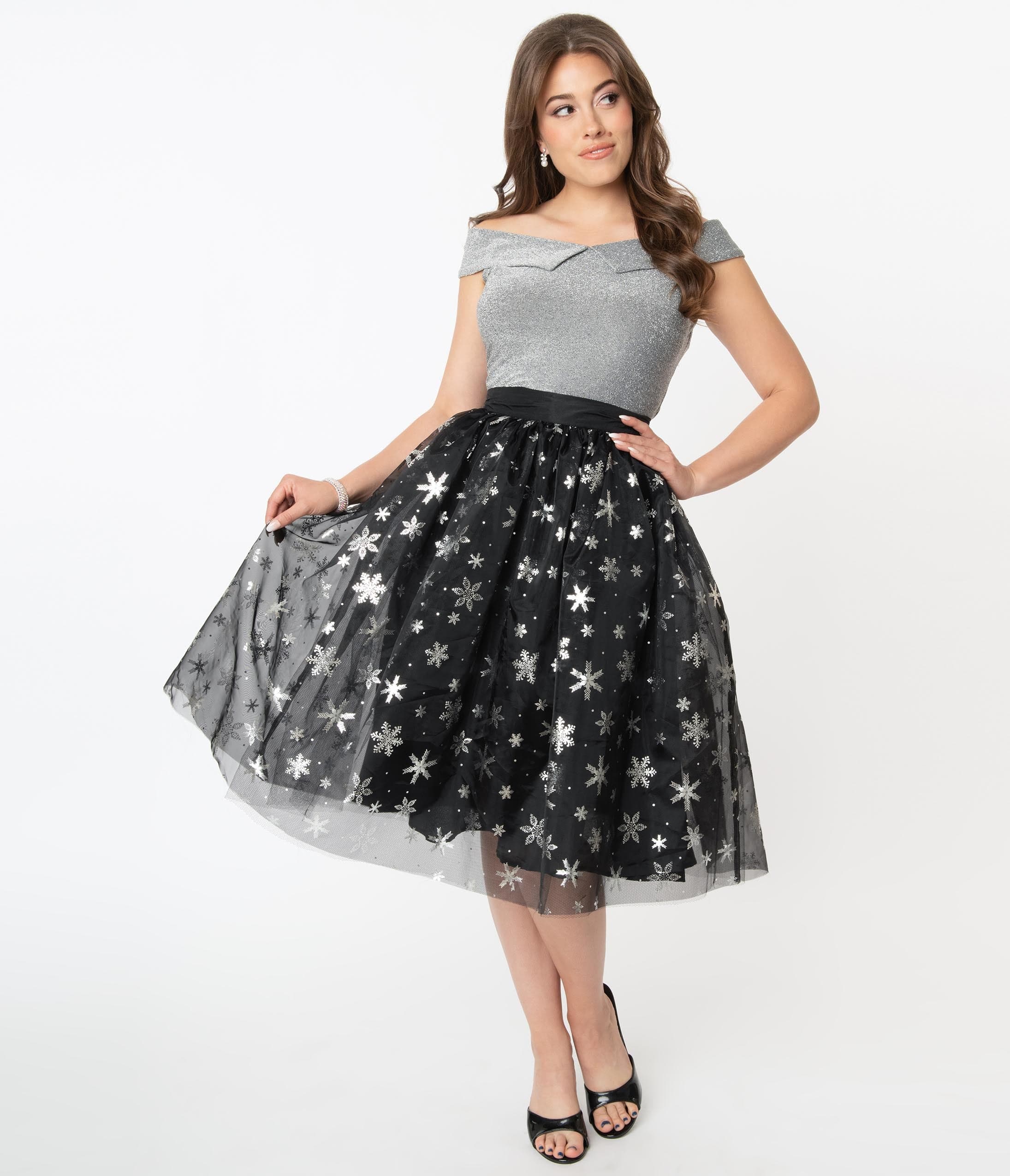 

Unique Vintage Black & Silver Snowflakes Brilliance Swing Skirt