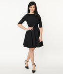 Elasticized Princess Seams Waistline Vintage Fitted Belted 3/4 Sleeves Fit-and-Flare Little Black Dress