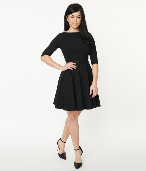Elasticized Princess Seams Waistline 3/4 Sleeves Belted Fitted Vintage Fit-and-Flare Little Black Dress