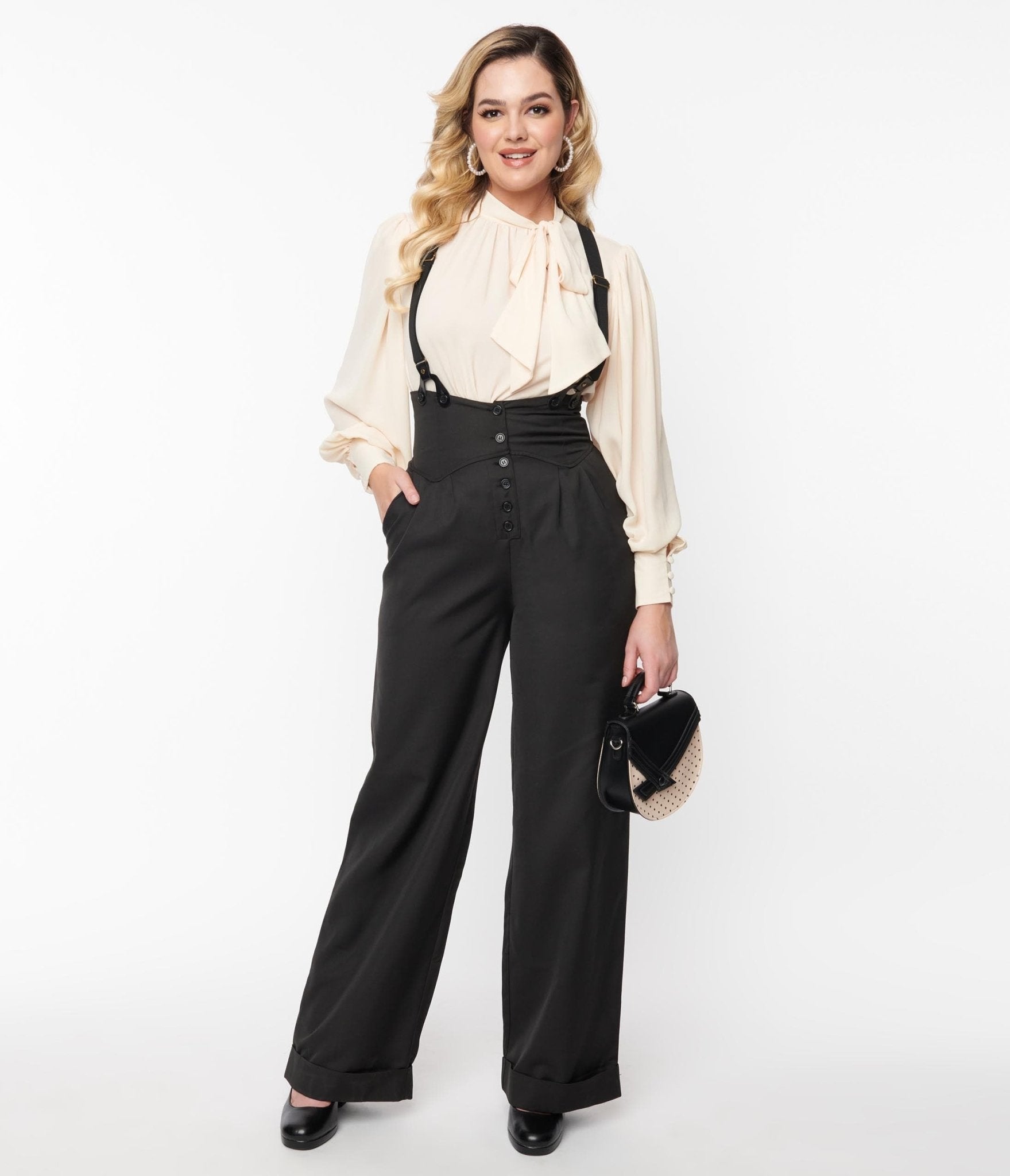 1920s Style Women’s Pants, Trousers, Knickers, Tuxedo Unique Vintage Black Thelma Suspender Pants $84.00 AT vintagedancer.com