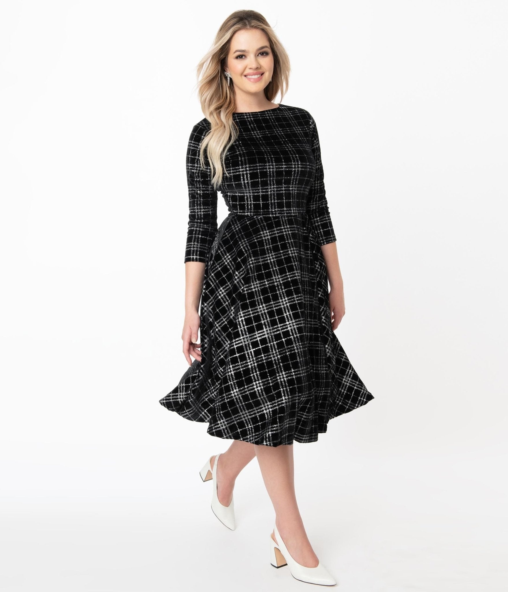 

Unique Vintage Black Velvet & Silver Plaid Nicole Swing Dress