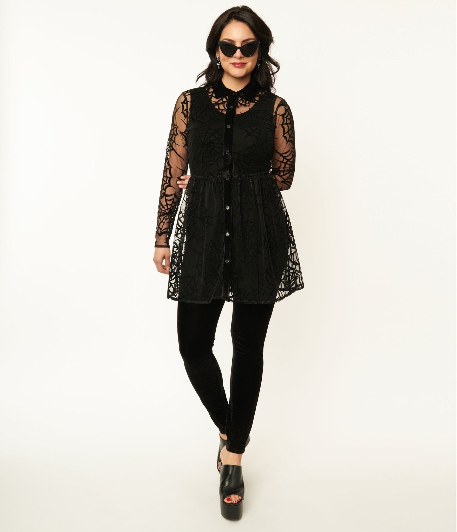 

Unique Vintage Black Velvet & Spiderweb Shirt Dress & Jumpsuit Set