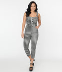 Checkered Gingham Print Denim Sweetheart Fitted Pocketed Button Front Vintage Jumpsuit