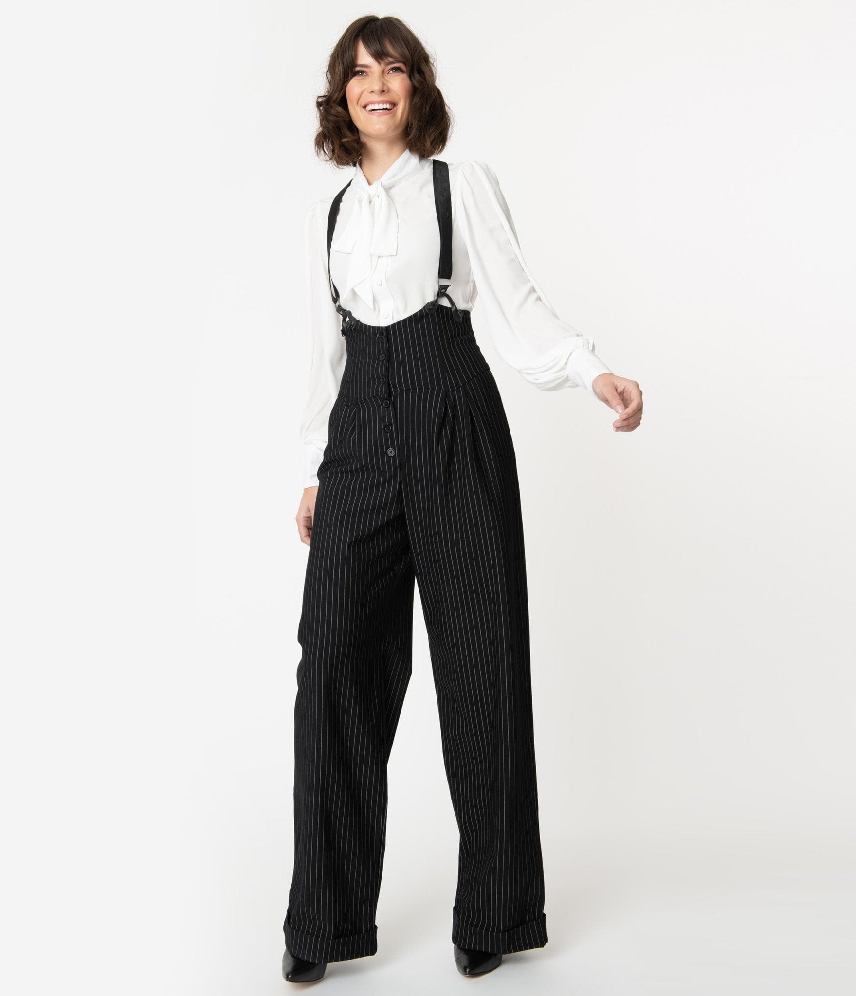 1950s Pants, Jeans, Jumpsuits- High Waist, Wide Leg, Capri, Pedal Pushers Unique Vintage 1930S Black  White Pin Stripe Thelma Suspender Pants $84.00 AT vintagedancer.com