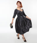 Swing-Skirt Polka Dots Print Fitted Back Zipper Pocketed Sweetheart Velvet Dress With Rhinestones