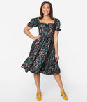 Puff Sleeves Sleeves Swing-Skirt Button Front Short Dress With a Bow(s)