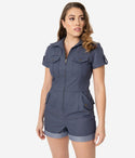 Collared Denim Vintage Front Zipper Pocketed Short Sleeves Sleeves Romper