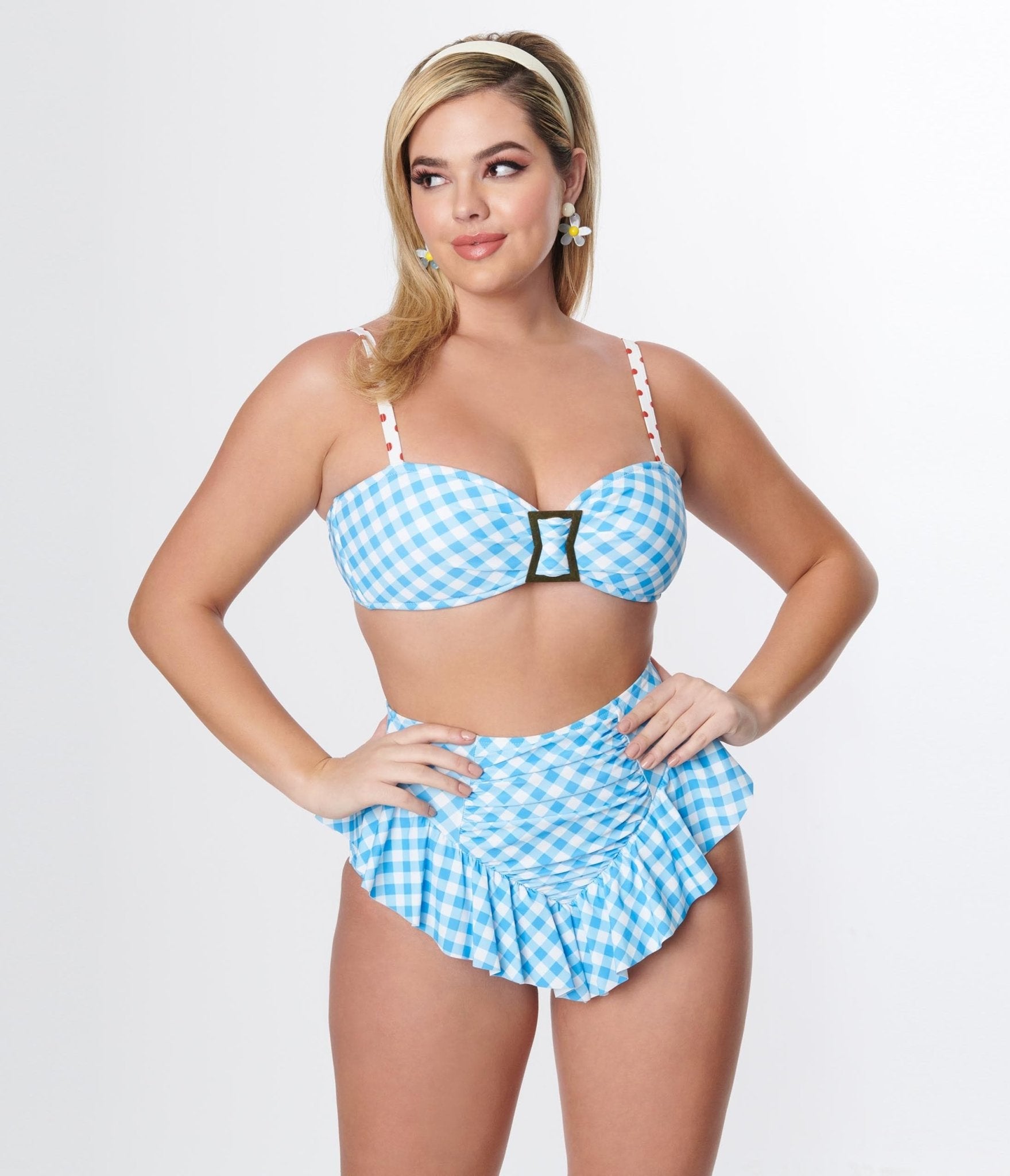 1950s Swimsuits, 50s Bathing Suits, Retro Swimwear Unique Vintage Blue Gingham Buckle Swim Top $10.00 AT vintagedancer.com