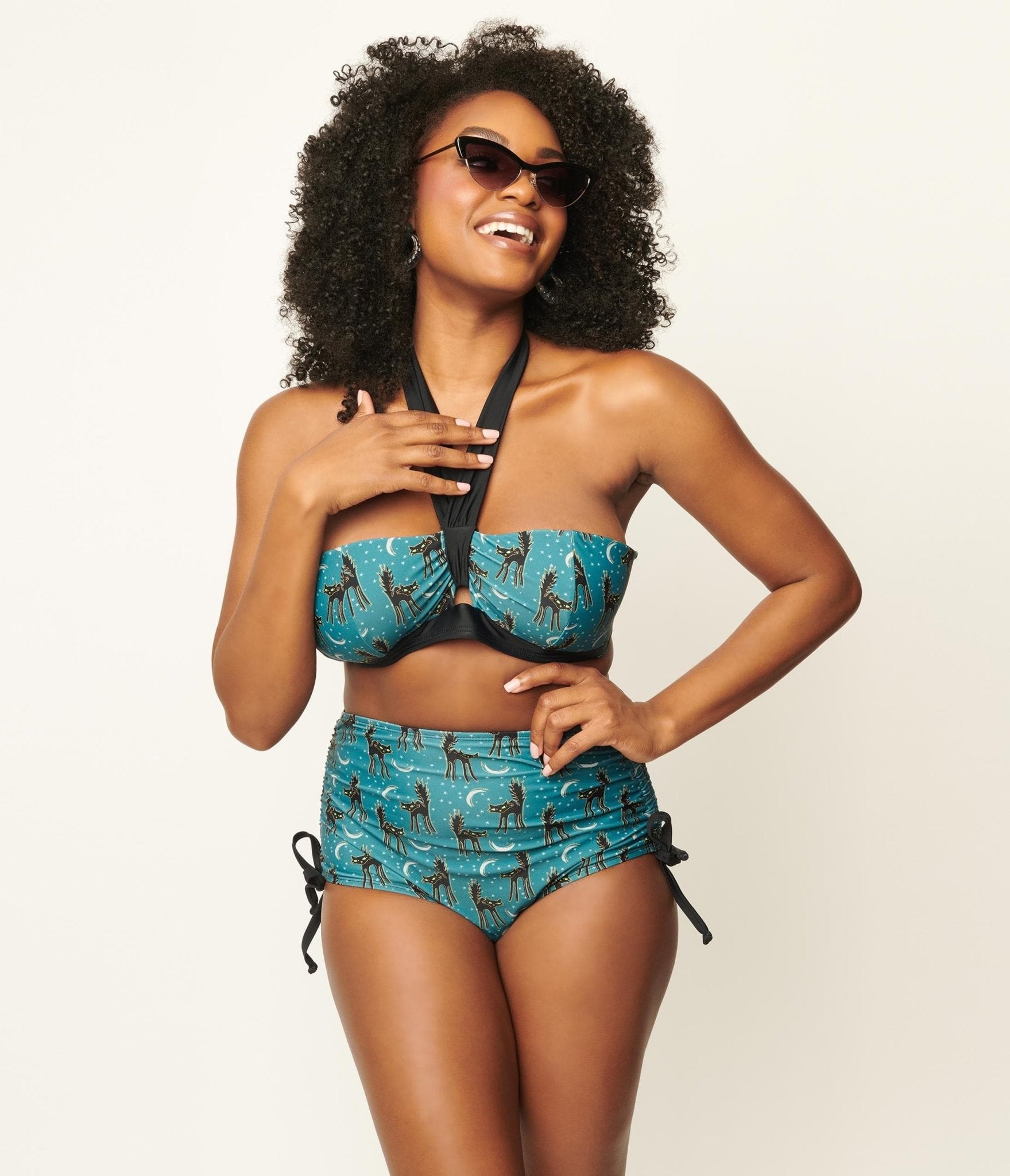 

Unique Vintage Blue & Spooky Cat Print Forever Glam Swim Top