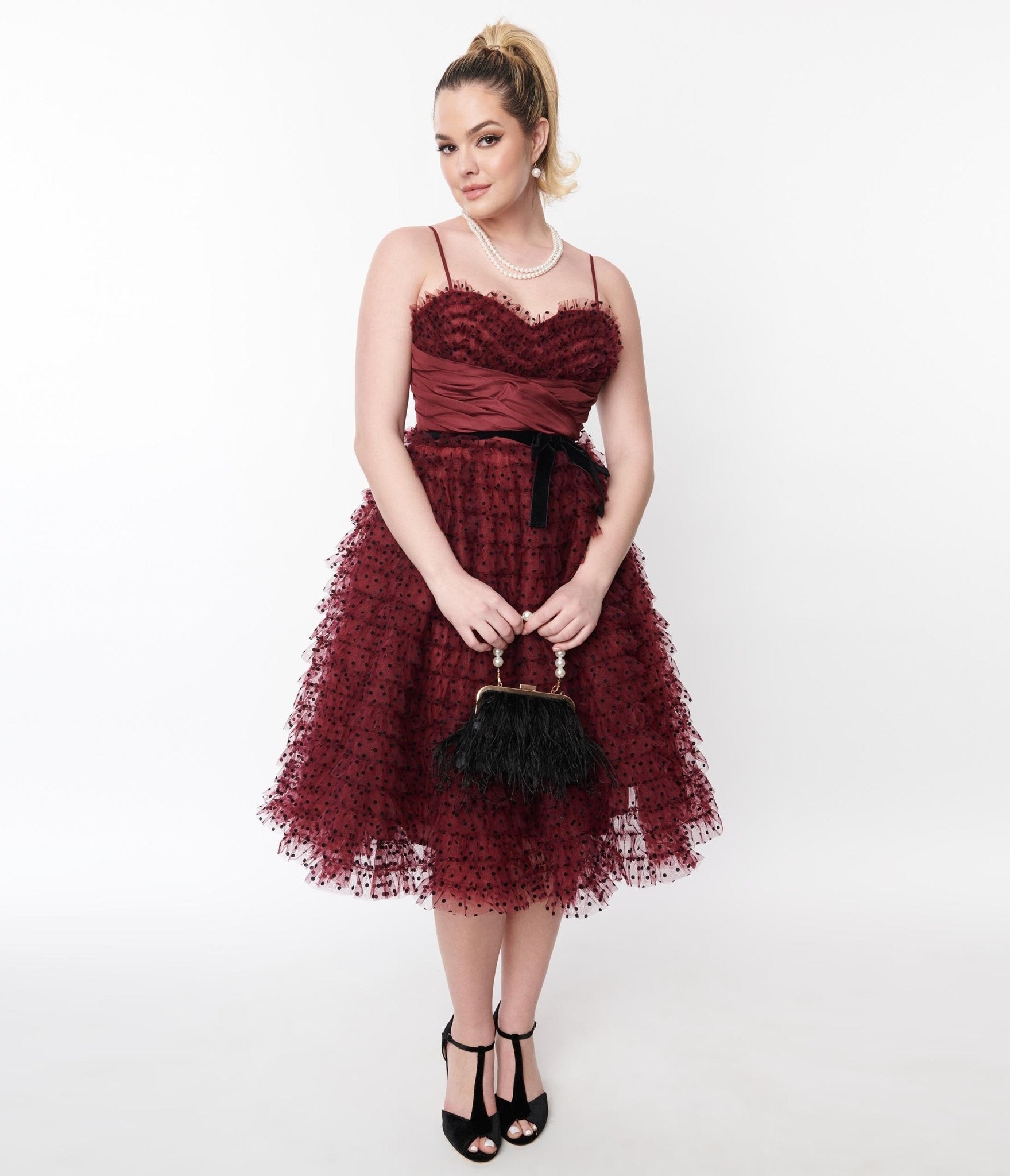 

Unique Vintage Burgundy & Black Polka Dot Tulle Cupcake Swing Dress