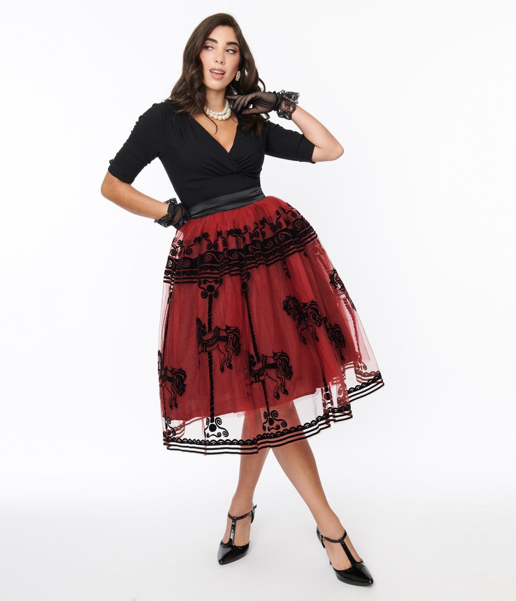 

Unique Vintage Burgundy Carousel Brilliance Swing Skirt