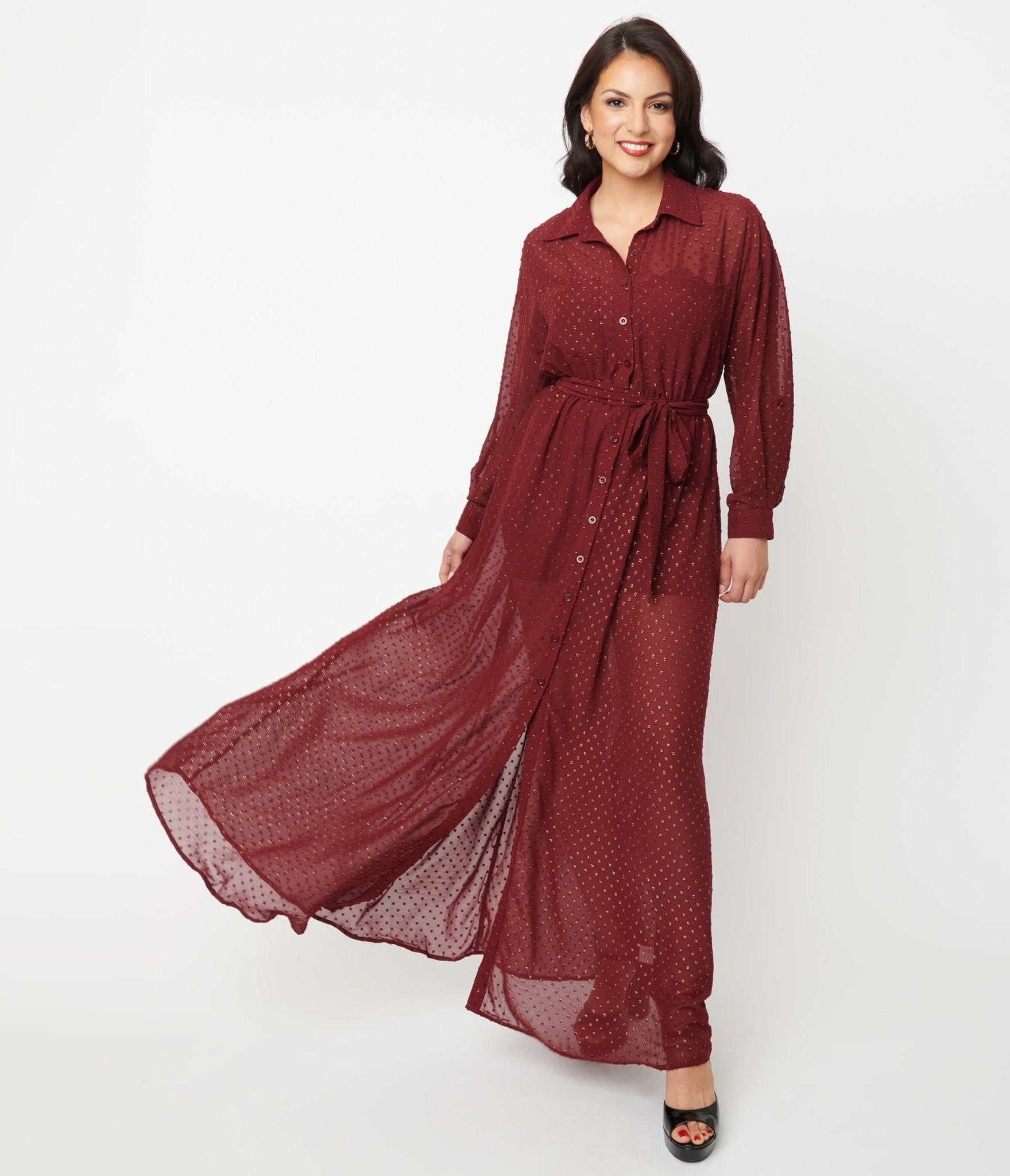 

Unique Vintage Burgundy & Gold Clip Dot Blanche Maxi Shirtdress