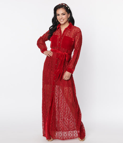 Fitted Pocketed Button Front Long Sleeves Shirt Maxi Dress With a Sash