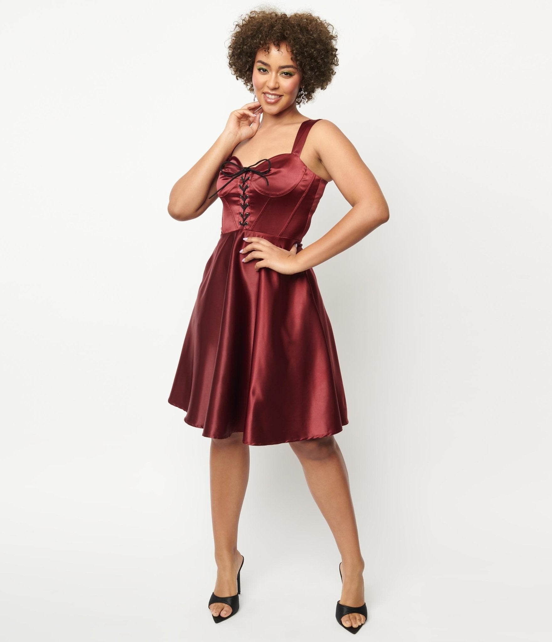 

Unique Vintage Burgundy Satin Corset Flare Dress