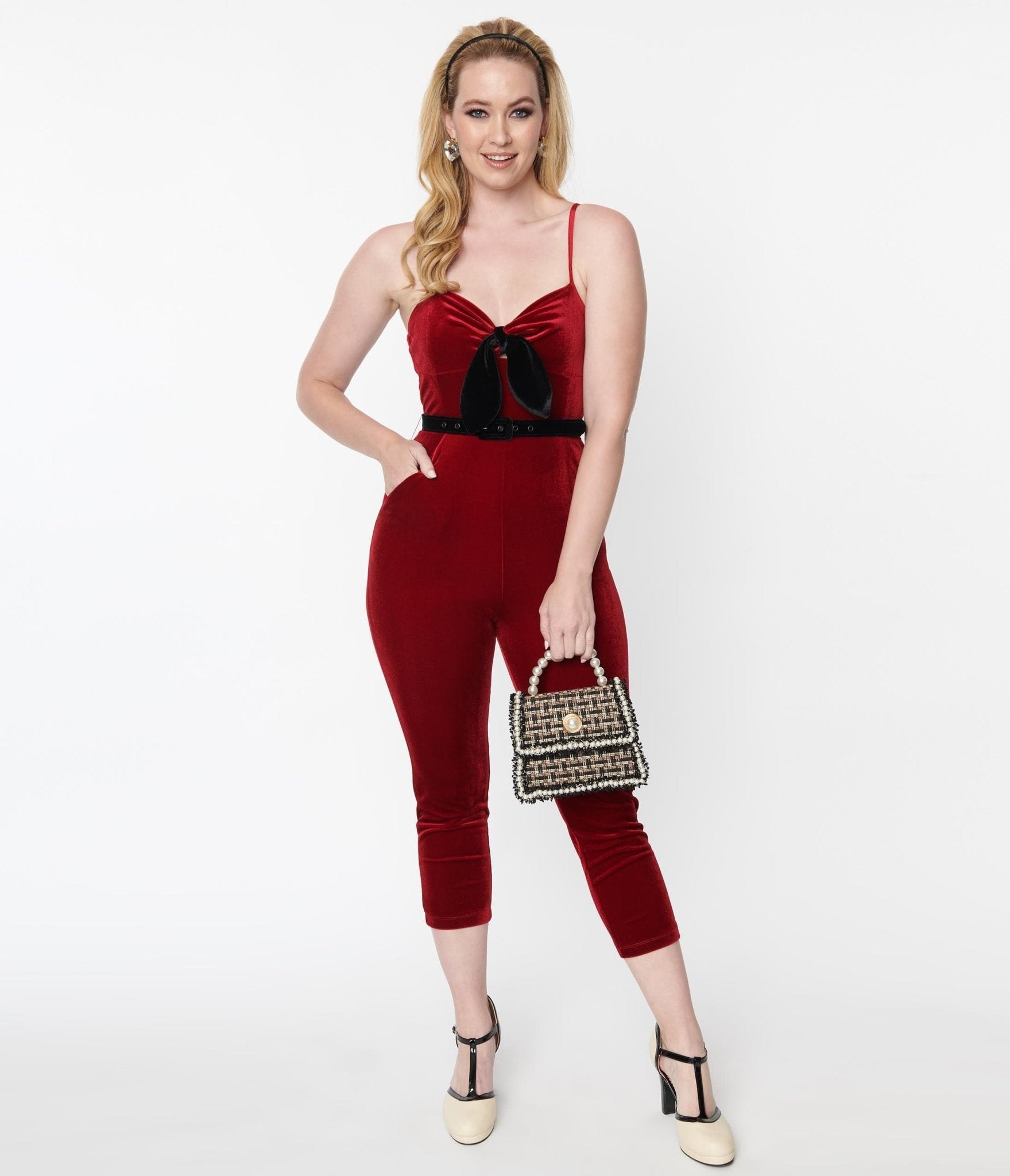 

Unique Vintage Burgundy Velvet Cropped Jumpsuit