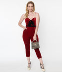 Velvet Belted Fitted Pocketed Spaghetti Strap Jumpsuit With a Bow(s)
