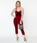 Spaghetti Strap Velvet Pocketed Belted Fitted Jumpsuit With a Bow(s)