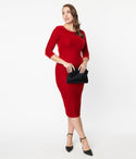 Velvet Pencil-Skirt Fitted 3/4 Sleeves Dress