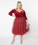 V-neck Elbow Length Sleeves Belted Pocketed Swing-Skirt Dress With Rhinestones