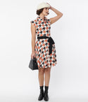 Fitted Cowl Neck Turtleneck Dog Houndstooth Print Knit Dress With a Sash