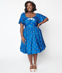 Flutter Sleeves Knit General Print Smocked Swing-Skirt Dress