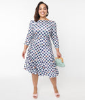 Checkered Floral Gingham Print Knit Ruched Scoop Neck Swing-Skirt 3/4 Sleeves Dress